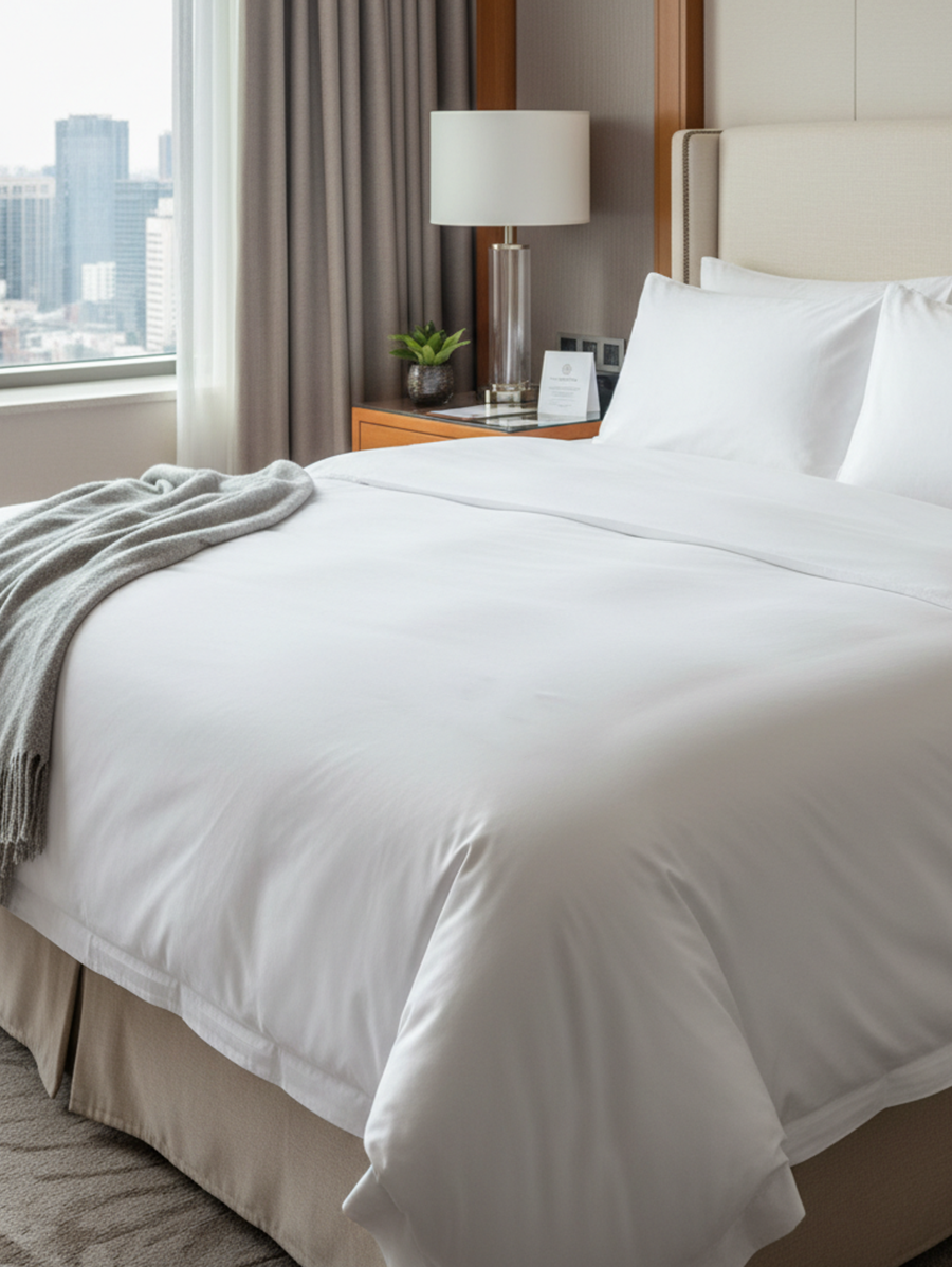 edredon blanco en un dormitorio de hotel