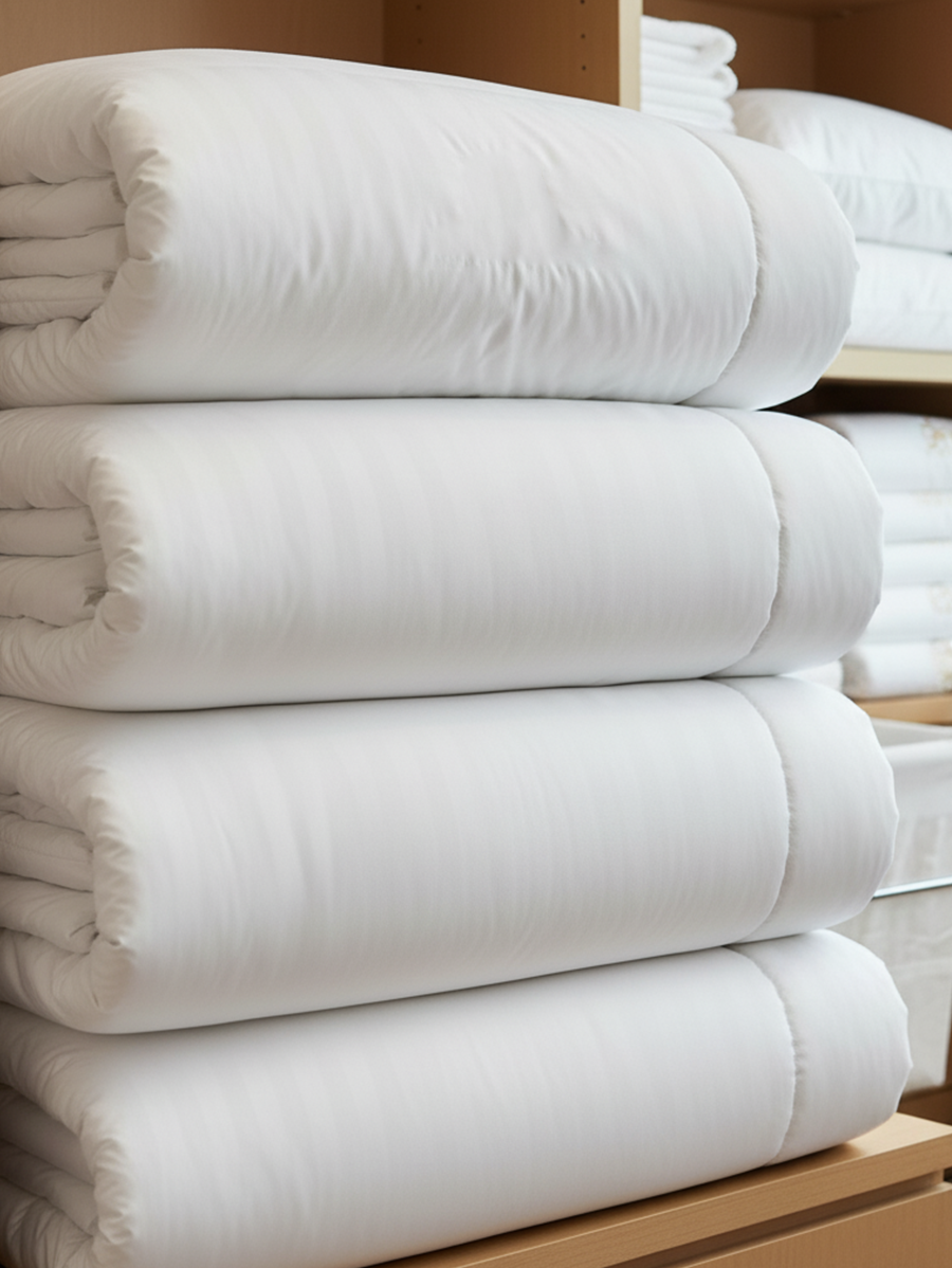 edredones apilados en un depósito de hotel