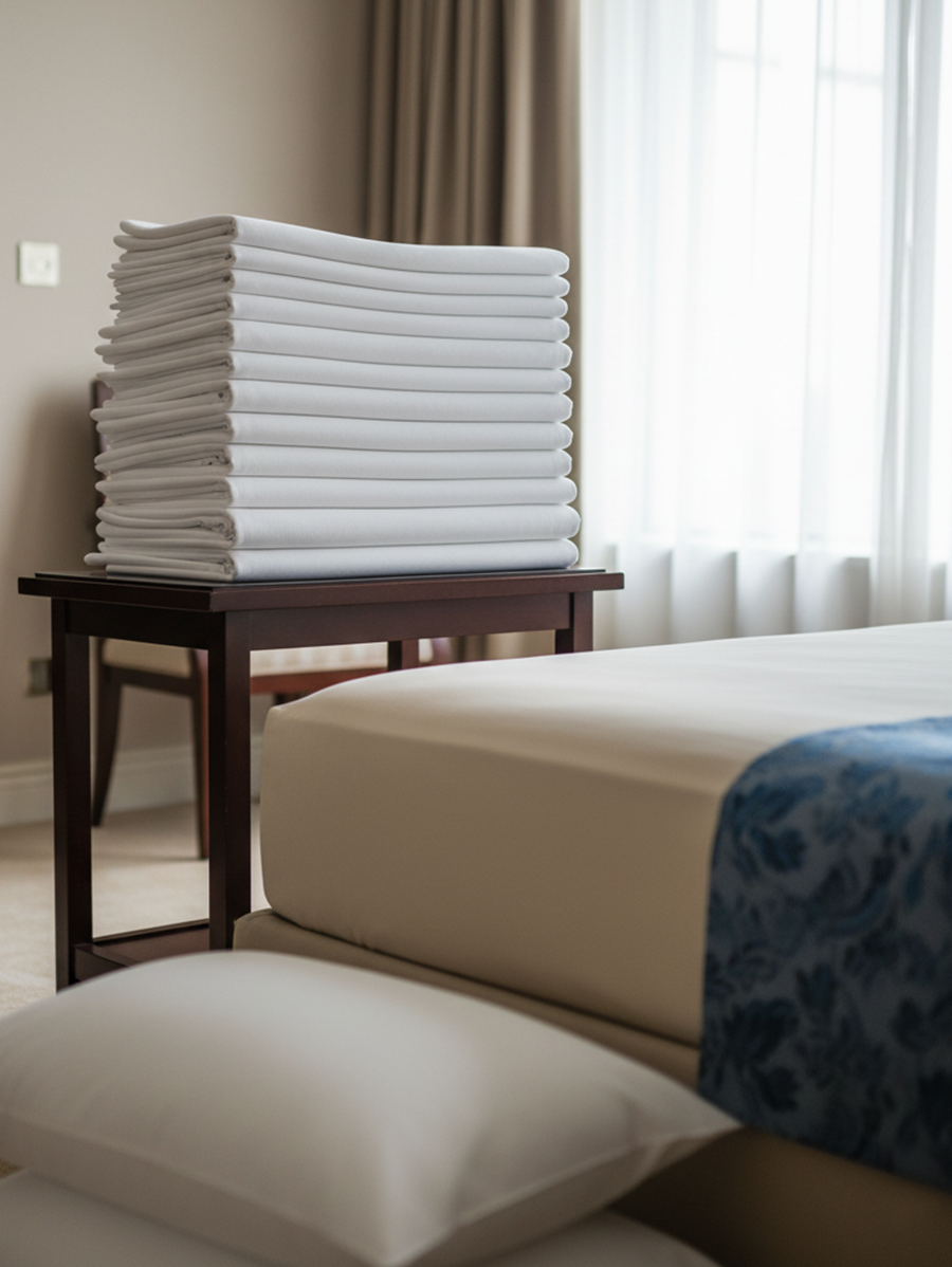 sábanas blancas apiladas listas para usar en un hotel